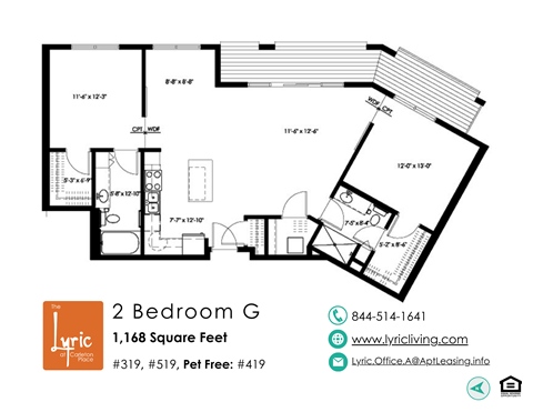 Floor plan for 2 beds, 2 baths, 1168 sqft